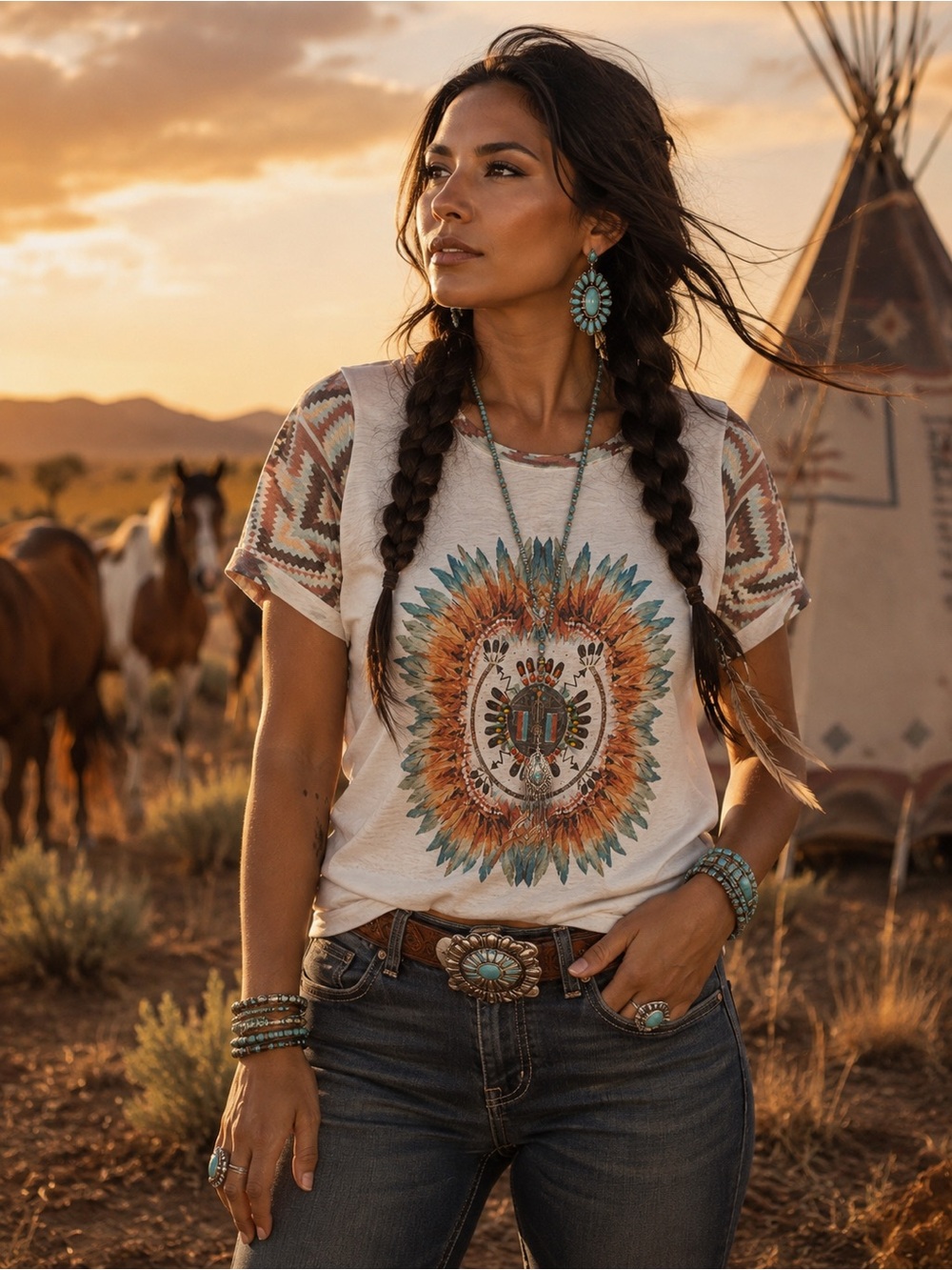 Bohemian Sunburst Graphic Tee - White with Teal & Rust Print